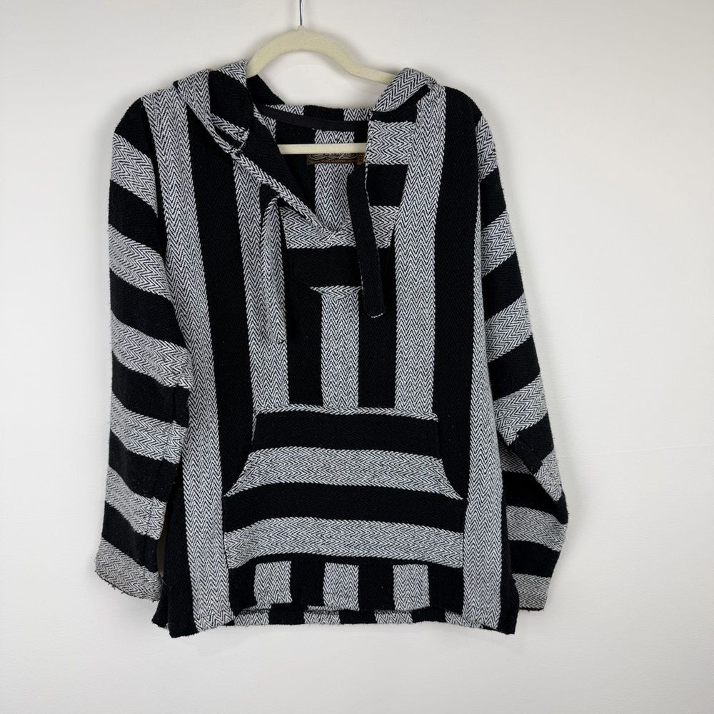 Baja Joe Retrofit Black Gray Striped Pullover Hoodie Baja Jacket Top S